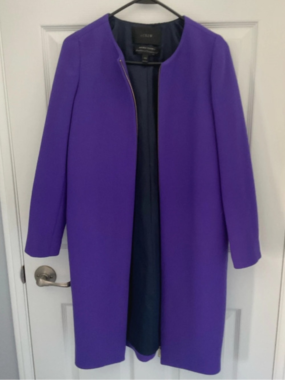 NWOT J. Crew double cloth Vibrant Purple Collarless over Coat